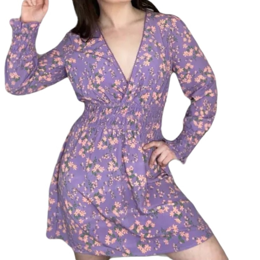 NWT WAYF Lavender Floral Boho Long Sleeve Mini Dress Size XS - Picture 1 of 12